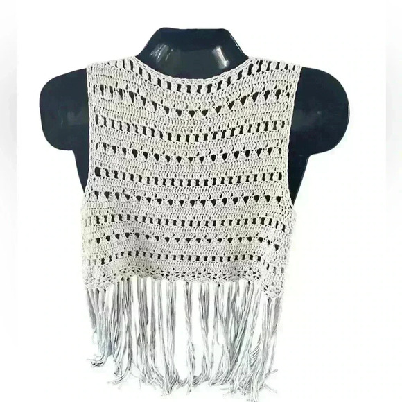 Women’s Crochet Top Size‎ Medium M Fringe Ivory Cropped Tomato Girl Summer - Picture 2 of 13